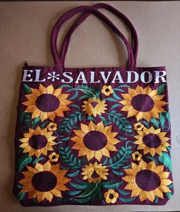 El Salvador Handwerk Sonnenblumen bestickt gewebt Leinen Reißverschluss Beuteltasche Tasche 17x15x2,5" - Bild 1 von 13