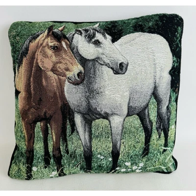 Horse Tapestry Throw Pillow Square Two Horses Equestrian Home Decor 16" - Image 1 of 4