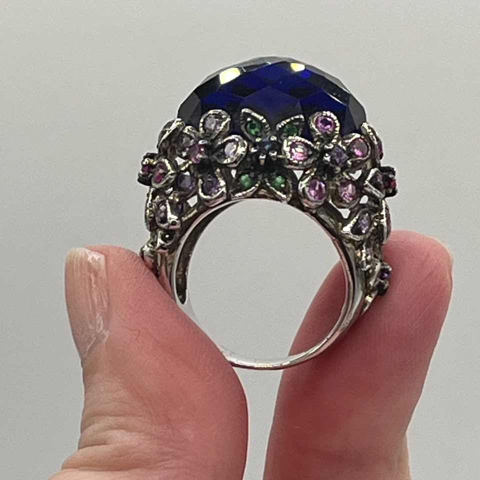 Anillo grande de vidrio facetado azul cobalto con flores de espinela 925 Foto 1 de 4