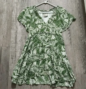 ANTHROPOLOGIE Robin Tiered Mini Dress Green Leaves Ruffles L - Picture 1 of 8