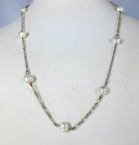 Sterling Silver 925 Freshwater Baroque Pearl Station Necklace - Picture 1 of 5