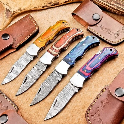 LOT OF 4 PCS! Handmade Damascus Pocket Knives – Folding Knives, W/Sheath IT-2831 - Image 1 of 4