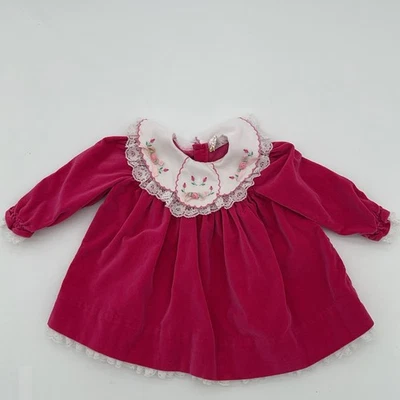 Retro 1980s Bryan Dress Baby 12 Months Pink Velvet Long Sleeve White Lace Rose - Image 1 of 4