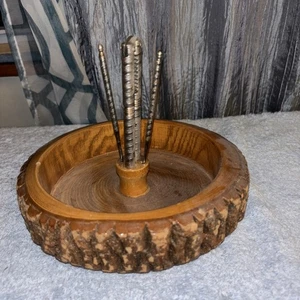 VTG Wooden Bark Nut Bowl Round Dish w/Metal Picks & Nut Cracker Rustic Retro - Picture 1 of 6