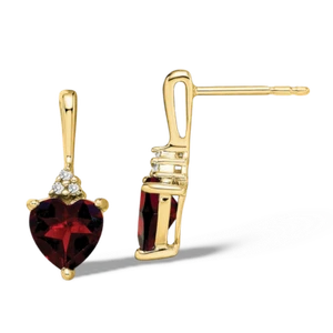10K Solid Yellow Gold Garnet Diamond Heart Dangle Earrings - Picture 1 of 4