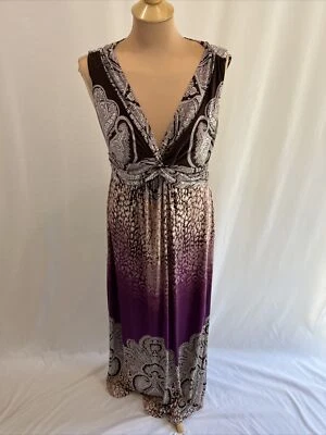 Maxi Vestido Soma Sin Mangas Pequeño Cuello en V Marrón Púrpura Cachemira Boho Resort Elástico Foto 1 de 4