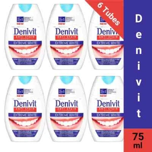 6 x Denivit Fluoride Toothpaste Anti-Stain Intense 2 in 1 Extreme White 75ml - Picture 1 of 4