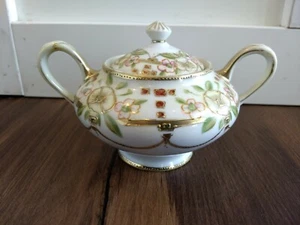 Vintage Antique Nippon Japan Hand Painted Moriage Sugar Bowl Floral Gold Green - Picture 1 of 10