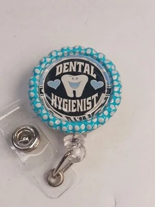 Dental Hygienist Novelty Badge Reel ID Name Tag Holder 1 Inch Tooth Blue - Picture 1 of 2