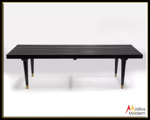 60s Mid Century Modern Black Slat Wood Bench Coffee Table w/ Brass Fittings 4' Cover