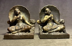 Antique 1920s Bronze Tone Nude Beach Lady Woman Umbrella Bookends Deco Nouveau - Picture 1 of 24