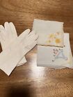 Vintage 40s 50s leather gloves and Two Embroidered handkerchiefs Bundle