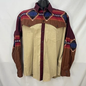 CAMISA WESTERN VINTAGE AÑOS 90 DISEÑO SALVAJE AZTECA SUROESTE L/S PERLA A PRESIÓN XL EE. UU. - Imagen 1 de 7