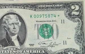 1976 $2 Two Dollar Star Bill FRN Note Very Lightly Circulated Serial #K00975874* - Picture 1 of 7