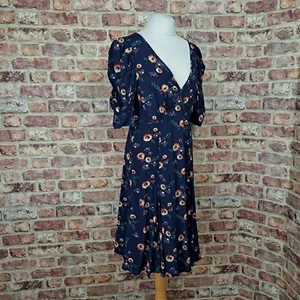 Ralph Lauren Polo Dress 12 Navy Blue Floral Below Knee Flare Half Sleeve - Picture 1 of 13