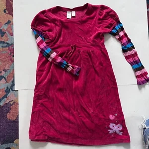 VTG Oshkosh Dress Hot Pink/Red Striped Sleeves Bow Velvet Size 8 Embroidered - Picture 1 of 5
