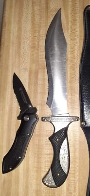 BIG 8" Blade Bowie,w Sheath. CUTS PAPER! and S&W Homeland TITANIUM fold TACTICAL - Image 1 of 4