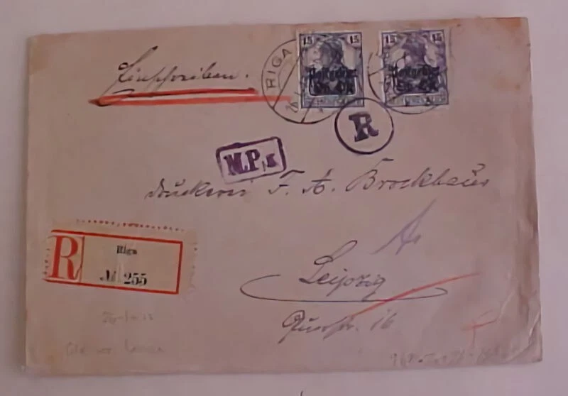 GERMAN  OB OST #7A,7B cat.150E($195.00) REGISTERED RIGA 26 JAN 1918 SCARCE - Image 1 of 1