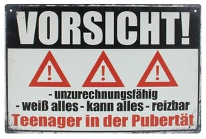 Blechschild 20x30 cm Vorsicht Teenager Warnung Pubertät Deko Geschenk - Bild 1 von 3