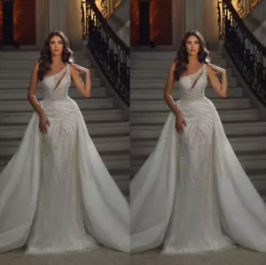 Mermaid Wedding Dresses Luxury Beaded One Shoulder Layered Detachable Train New - Picture 1 of 13