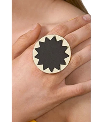 House of Harlow 1960 tono dorado cuero negro Sunburst XL llamativo anillo boho 5 6 Foto 1 de 4