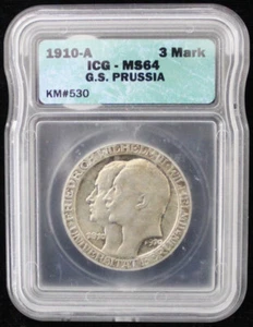 1910-A GERMAN STATES SILVER 3 MARK PRUSSIA - ICG MS64 - Picture 1 of 2
