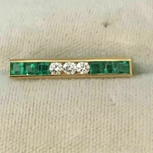 2Ct Princess Lab Created Emerald & Diamond Bar Pin Brooch 14k Yellow Gold Plated - Picture 1 of 5