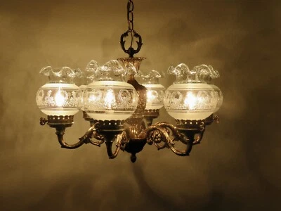French Style Brass Electric 6 Arm Chandelier W/Cherubs Embossed Glass Shade - Image 1 of 4