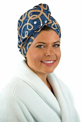 Toalla de pelo manos libres elegante envoltura turbante hecha de fibras 100% recicladas para Foto 1 de 4