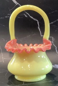 FENTON GLOSSY BURMESE BASKET CRIMPED ART GLASS WV, USA 8" TALL 1970 TIL CLOSE - Picture 1 of 6