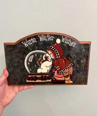 VTG Hand Painted Wood Winter Wishes Holiday Girl Snowman Cat Wall Hanging 11x5” Foto 1 de 4