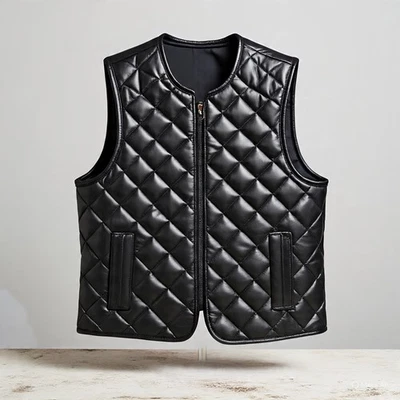 Men's Black Leather Puffer Vest Genuine Lambskin Leather Quilted Padded Vest - Image 1 of 4