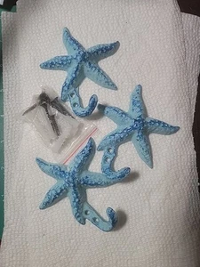 3er Set blaue SEESTERN Handtuch Morgenmantel Haken. Strand Ozean Maritim Shabby Chic Metall - Bild 1 von 3