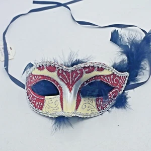 Red Silver Masquerade Mask With Feathers Venetian For Women KBW NWT - Picture 1 of 10