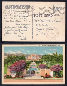 USA WW2 1942 APO 24 Censored Postcard Telford Pa. Mormon Temple Laie Hawaii - Picture 1 of 3
