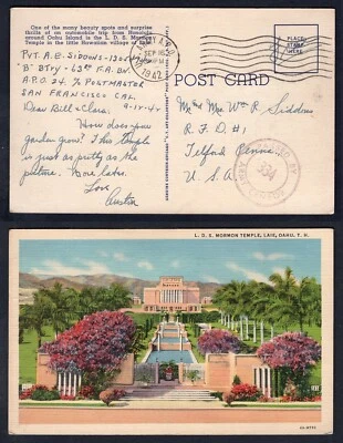 USA WW2 1942 APO 24 Censored Postcard Telford Pa. Mormon Temple Laie Hawaii - Image 1 of 3