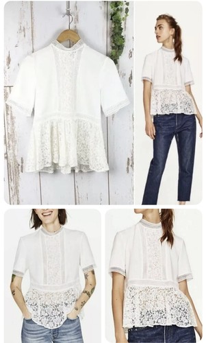 OFF WHITE Blusa Zara Off White pannello pizzo peplo collo alto manica corta taglia S