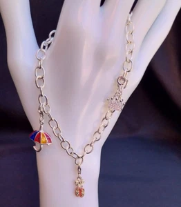 Solid 925 Sterling Silver Umbrella Ballet Shoes Crown CZ Cable Bracelet - Imagen 1 de 12