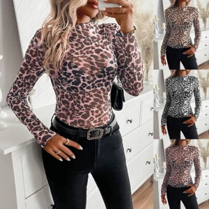 Women Leopard Party See-Through Tops Shirt Long Sleeve Slim Fit Blouse Clubwear - Picture 1 of 22
