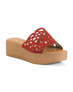 NEW Mariella Laser-Cut Platform Wedge Sandals Red Size 8 - Picture 1 of 2
