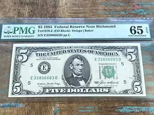 $5 1985 1978-E ED E-D Block Richmond FRN PMG 65EPQ - GEM - Picture 1 of 2