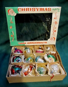 Vintage 12 Lg POLEN DEUTSCHLAND WEIHNACHTSSCHMUCK EINZUG SPITZ SPUTNIK HANDBEMALT mit BOX - Bild 1 von 24