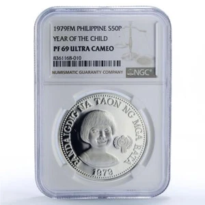 Philippines 50 piso UNICEF Save Children Child Year PF69 NGC silver coin 1979 - Picture 1 of 2