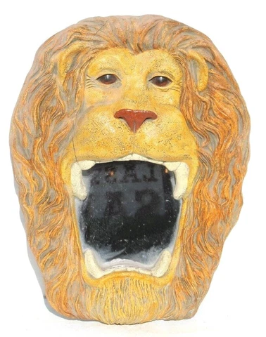 Vintage Yellow Lion Face W/ Mouth Open Nursery Circus Wall Mirror Stamped Angel Cover