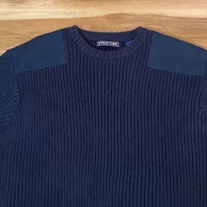 Vintage Structure Commando Sweater Mens Large Navy Blue Cable Knit Military Pads - Picture 1 of 10