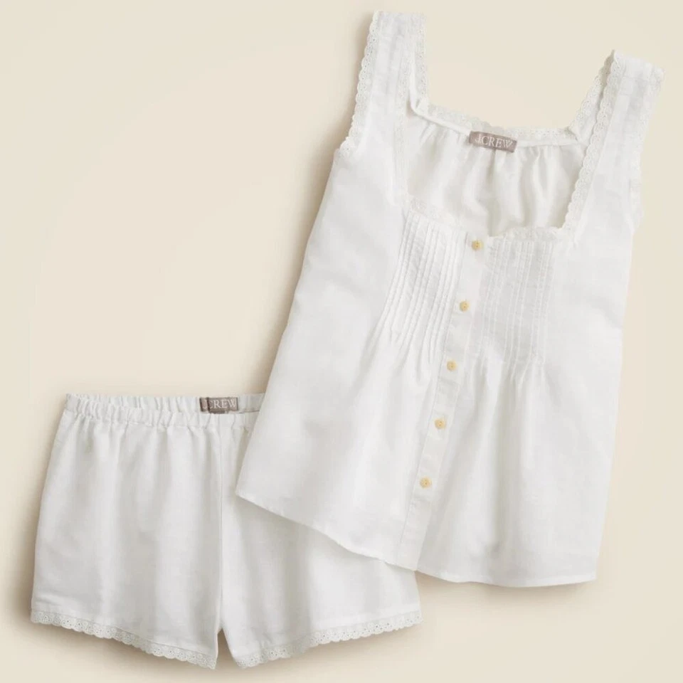 J Crew Women's Lace-trim camisole and pajama short set linen-cotton blend Small - Image 1 of 4