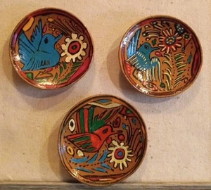 Mexico Talavera Small Trinket Dish Dip Bowl Hand Painted Birds Pottery Set 3 - Picture 1 of 6