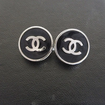 Echte CHANEL CC Logo Ohrringe Silber/Schwarz Metall/Emaille S0706g - Bild 1 von 4