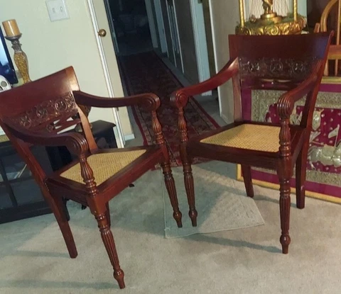 Pair of Vintage Regency Style Carved Back Arm Chairs Cane Seat Early-Mid Century Cover