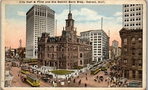Rathaus & erstes und altes Bankgebäude, Straße Detroit MI Vintage Postkarte KK1 - Bild 1 von 2